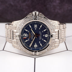 Breitling Colt Mens 44mm Iced 12ct Diamonds Blue Dial Steel Quartz Watch A74388