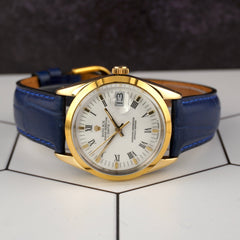 Rolex Oyster Perpetual Date 34mm White Dial Vintage Gold Shell Men's Watch 15505