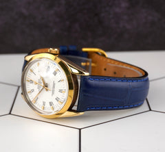 Rolex Oyster Perpetual Date 34mm White Dial Vintage Gold Shell Men's Watch 15505