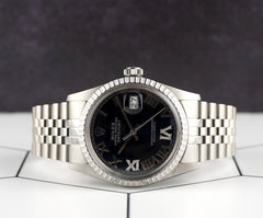 Rolex 36mm Datejust Steel Engine-Turned Black Roman Dial Watch 16030
