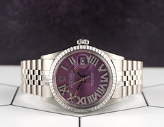 Rolex 36mm Datejust Steel Engine-Turned Purple Roman Diamond Dial Watch 16030
