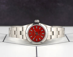 Rolex Oyster Perpetual 25mm Stainless Steel Red Dial Watch 67180