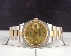 Rolex 34mm Date 18k Yellow Gold/Steel 1ct Diamonds Gold Dial Watch 15223