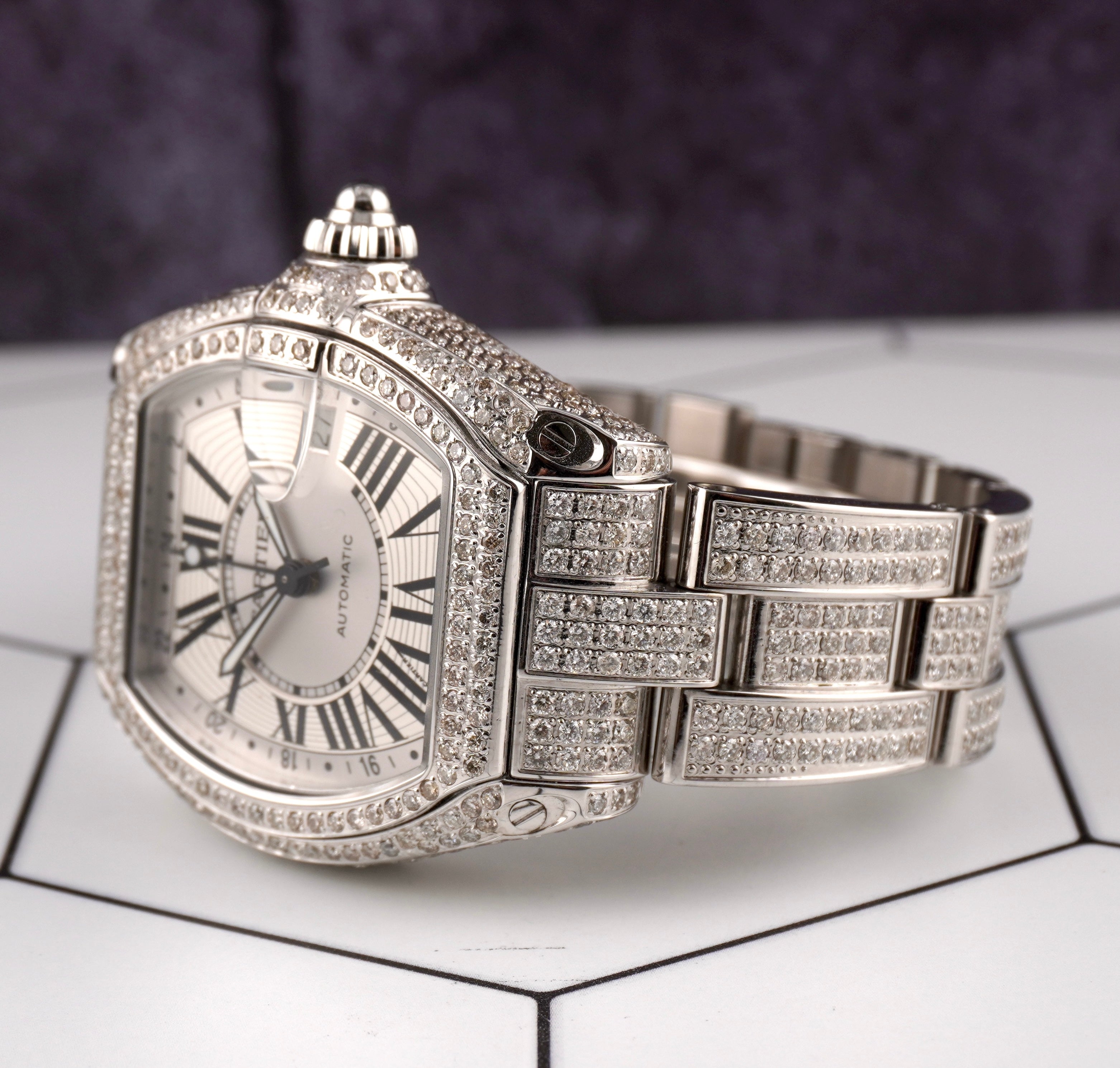 Cartier Roadster GMT XL 42mm Men's Steel Watch Iced 10ct Diamonds