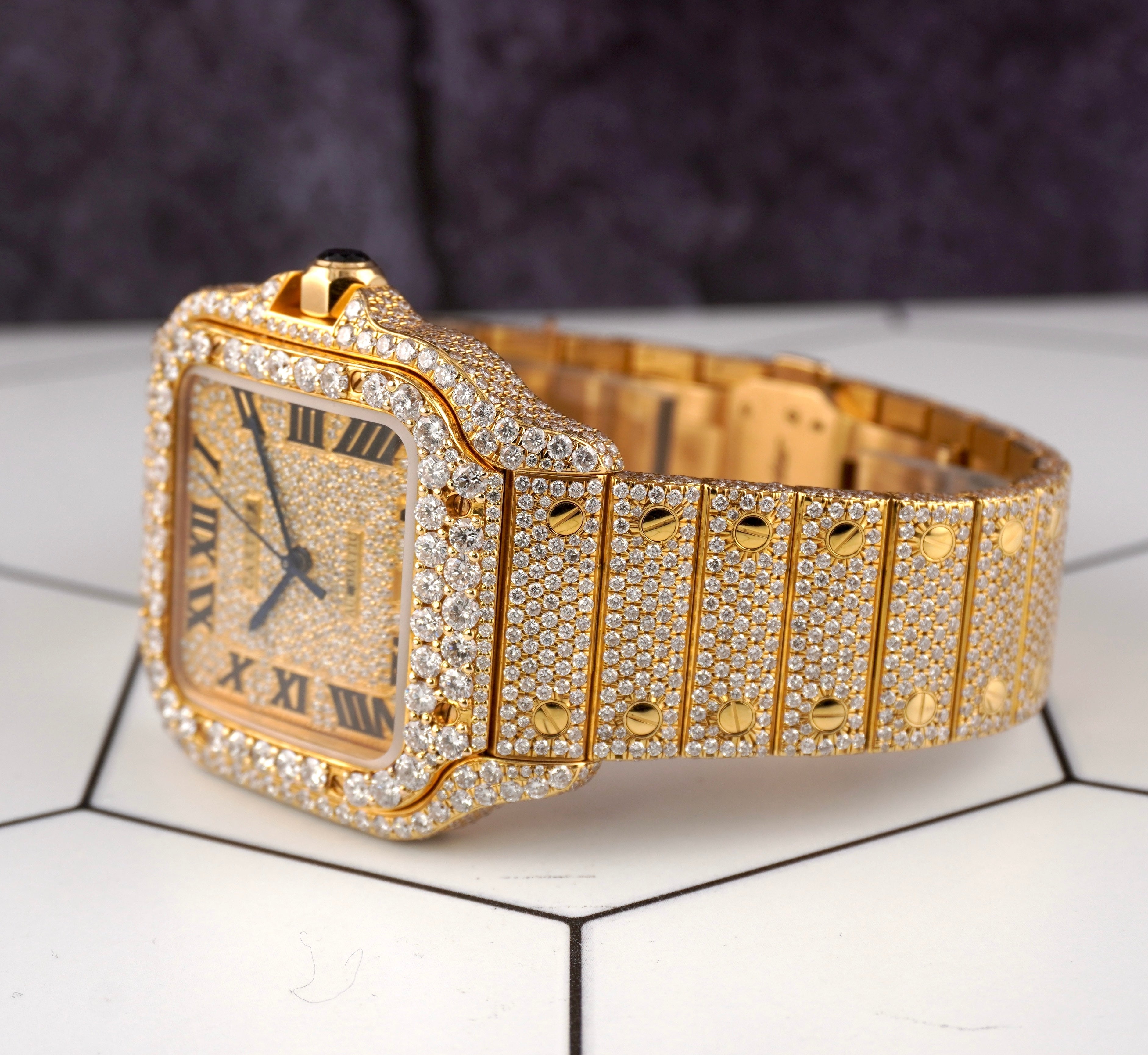 Cartier 18Kゴールド サントス Cartier Santos Mens 39.8mm 18k Yellow Gold Watch Iced Out