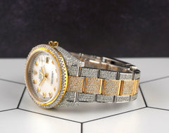 Rolex 36mm Datejust 18k YG/Steel 13ct Iced Out Diamonds White Mop Watch 116233