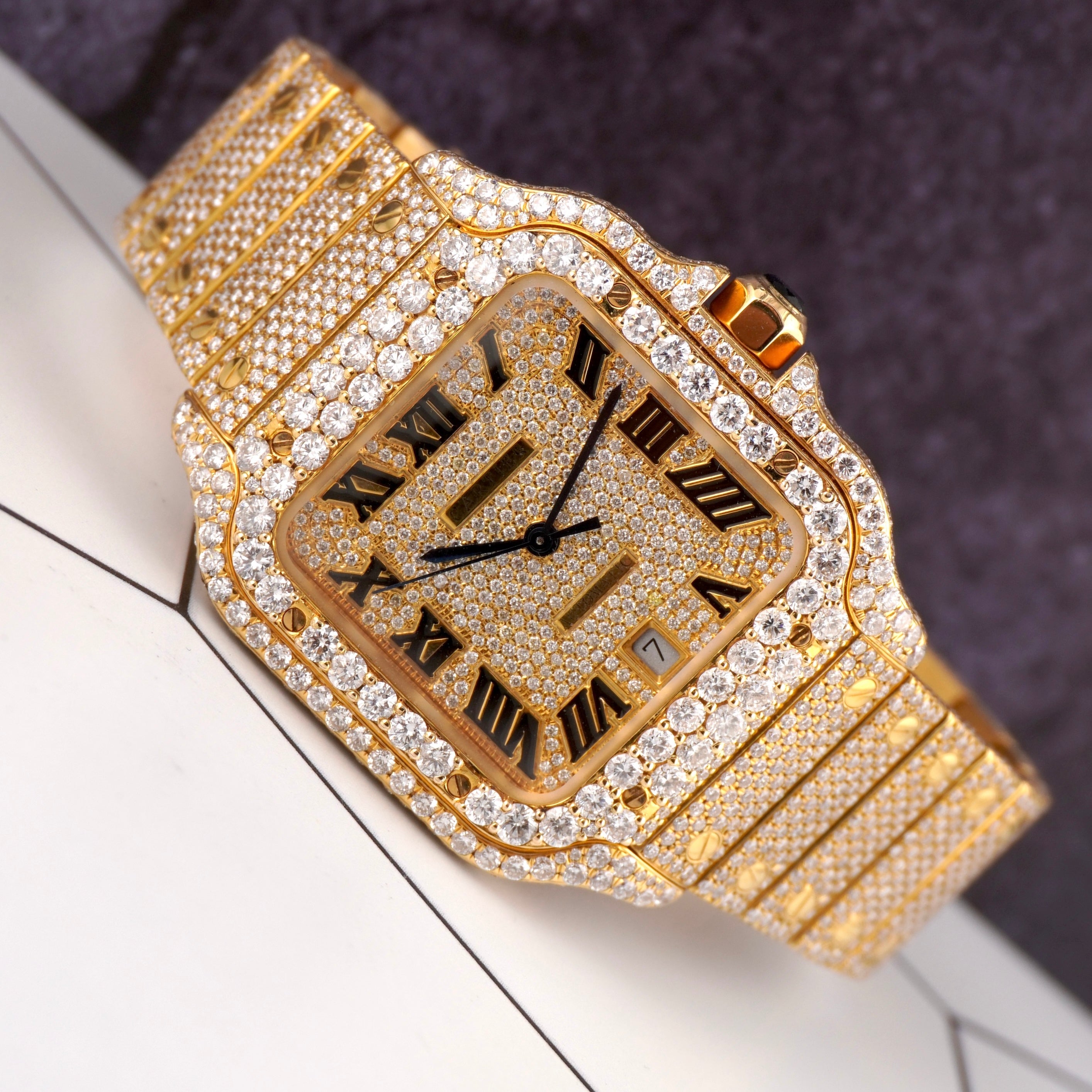 Cartier Santos Mens 39.8mm 18k Yellow Gold Watch Iced Out