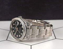 Rolex 34mm Date Iced Out 10ct Diamond Black Dial Oyster Steel Watch 115200