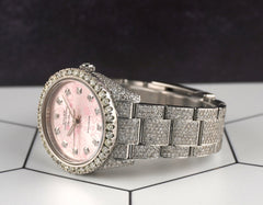 Rolex 34mm Airking Iced Out 15ct Diamonds Pink Floral Dial Steel Watch 114200