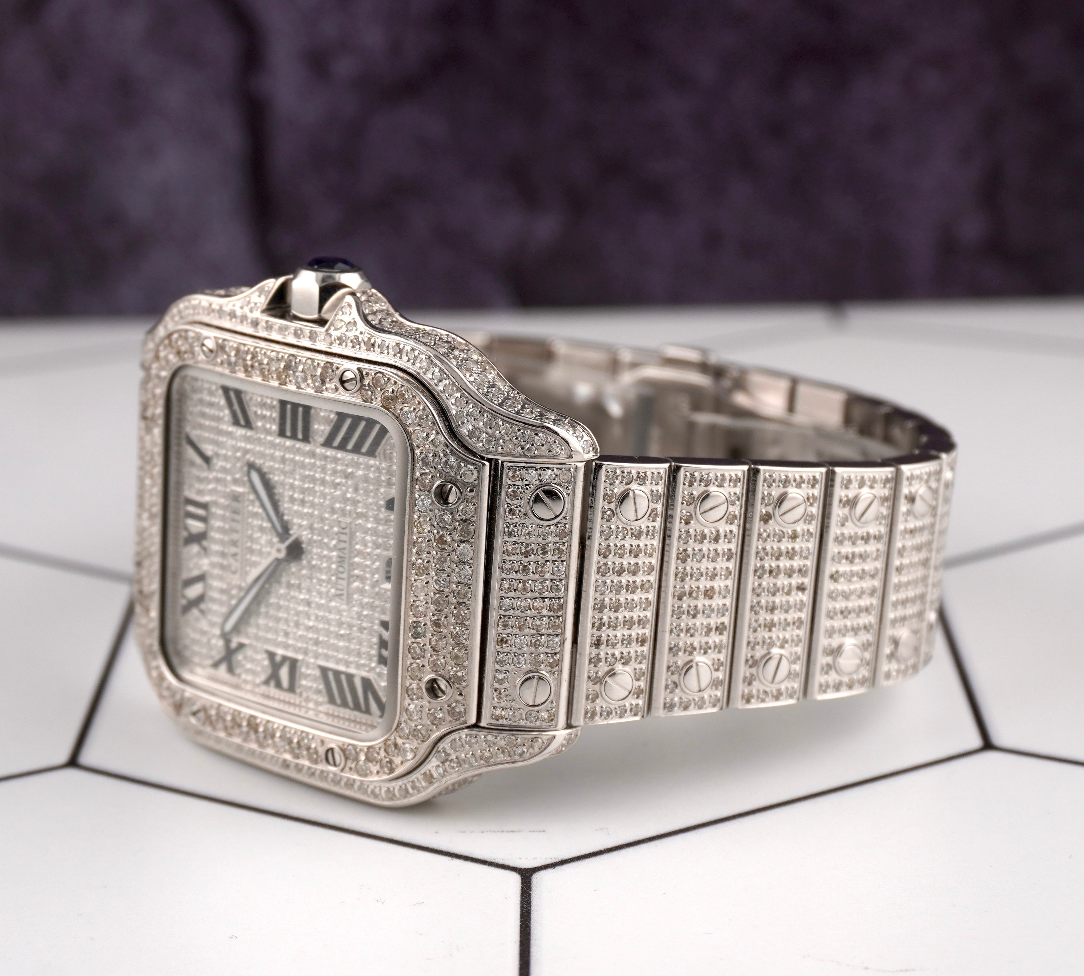 Cartier Santos Large 40mm Men's Steel Roman Iced Out 12ct Diamonds Wat