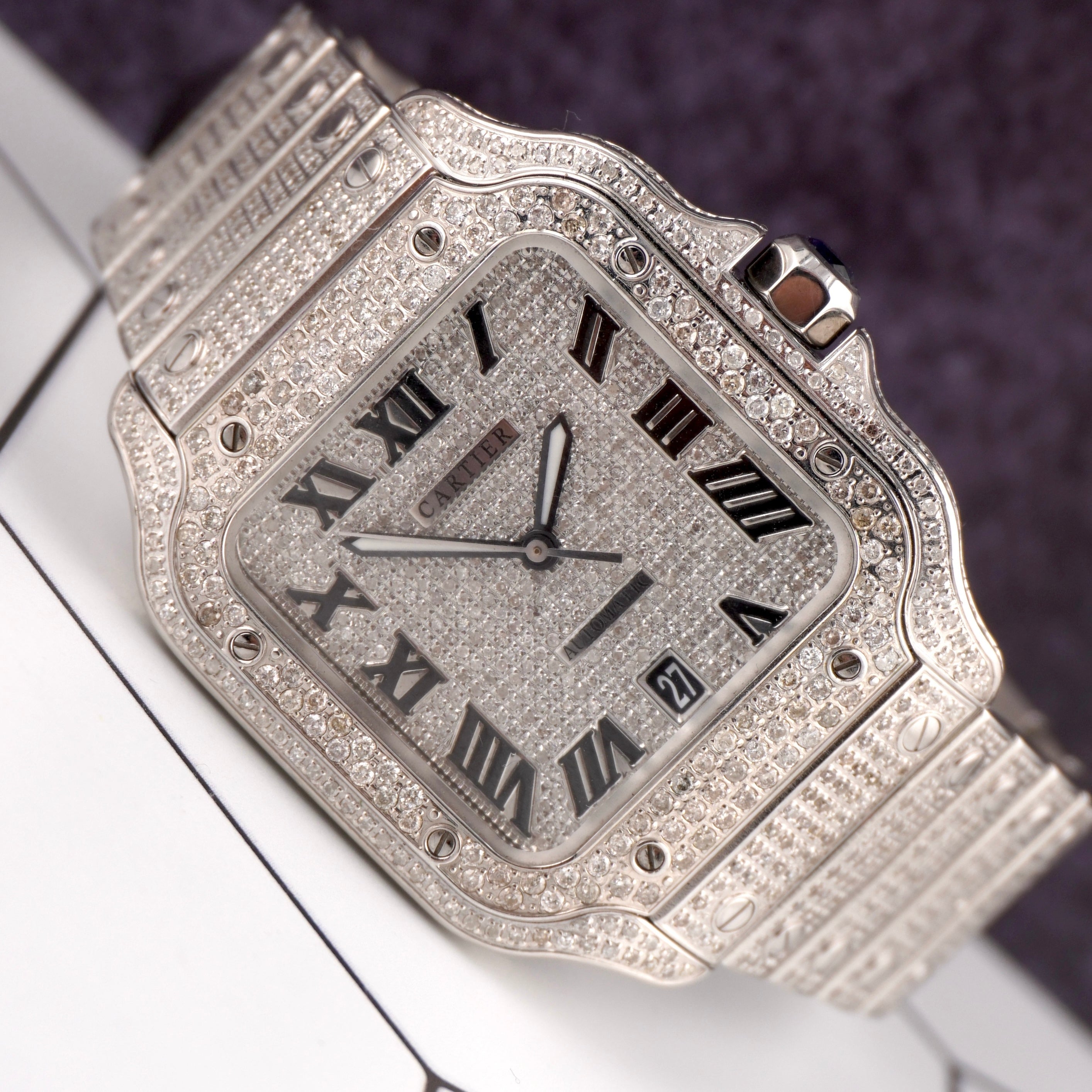 Cartier Santos Large 40mm Men's Steel Roman Iced Out 12ct Diamonds