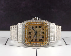 Cartier Santos 32mm Ladies YG Plated Watch Iced 10ct White Diamonds 2823