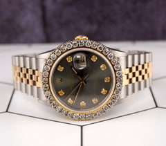 Rolex Mens Datejust 36mm 18k Yellow Gold & Steel ICED 2.50ct Diamonds Grey Dial
