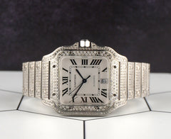 Cartier Santos Large 40mm 7ct Iced out Silver Dial Automatic Watch 4072