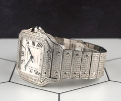 Cartier Santos Large 40mm 7ct Iced out Silver Dial Automatic Watch 4072