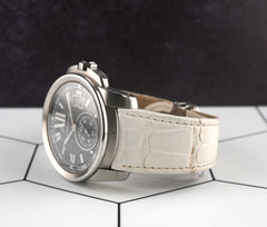 Cartier Calibre 42mm Black Dial Stainless Steel Leather Band Men's Watch 3389