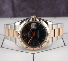 Rolex Men Datejust 36mm Black Turn-O-Graph 2-Tone 18k Rose Gold Oyster 116261