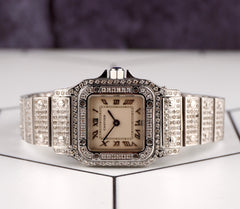Cartier 24mm Santos Galbee Small Silver Dial 4ct Diamond Steel Ladies Watch 1565