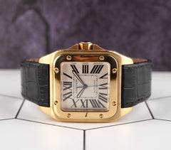 Cartier 38mm Santos 100 18k Yellow Gold Black Strap Mens Watch 2657
