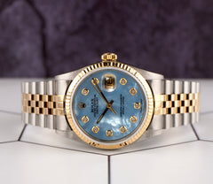 Rolex Datejust 36mm 18k YG & Steel Fluted Blue MOP Diamond Dial Watch 16013