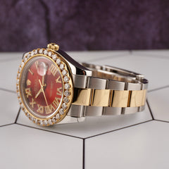 Rolex Men's Datejust 41mm 18k Gold & Steel Iced 3ct Diamonds Red Roman 116333