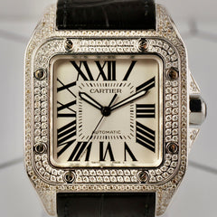 Cartier Santos 100XL Mens Iced Out 4.0ct Genuine Diamonds Roman Leather Ref 2656