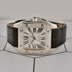 Cartier Santos 100XL Mens Iced Out 4.0ct Genuine Diamonds Roman Leather Ref 2656