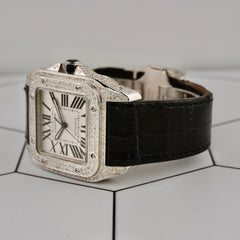 Cartier Santos 100XL Mens Iced Out 4.0ct Genuine Diamonds Roman Leather Ref 2656