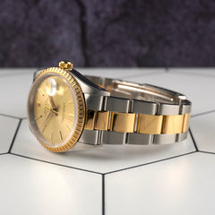 Rolex 34mm Date Steel Yellow Gold Champagne Dial Mens Watch 15223