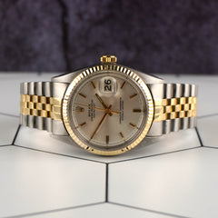 Rolex Vintage 36mm Datejust Silver Dial Steel YG Fluted Men's Watch 1601/3