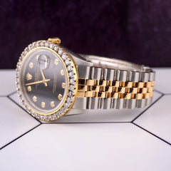 Rolex Mens Datejust 36mm 18k Yellow Gold & Steel ICED 2.50ct Diamonds Black Dial