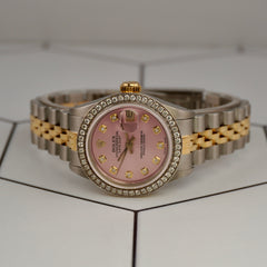 Rolex Ladies Datejust 26mm 18k Gold & Steel Watch Pink Dial 1.5ct Diamonds 69173