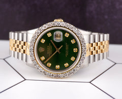 Rolex Mens Datejust 36mm 18k Yellow Gold & Steel ICED 2.50ct Diamonds Green Dial