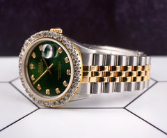 Rolex Mens Datejust 36mm 18k Yellow Gold & Steel ICED 2.50ct Diamonds Green Dial