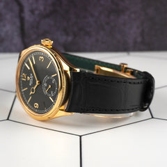 Rolex 1908 39mm Yellow Gold Black Dial Leather Band Men's Watch 52508