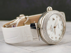 Omega 36mm Diamond De Ville White Crocodile Leather Women's Watch 85296720