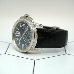 Cartier Calibre 42mm Men's Steel Watch Black Dial Iced 2.5ct Diamonds Ref 3389