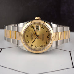 Rolex Datejust 36mm Gold Dial 18k & Steel Smooth Oyster Watch 116203