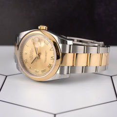 Rolex Datejust 36mm Gold Dial 18k & Steel Smooth Oyster Watch 116203