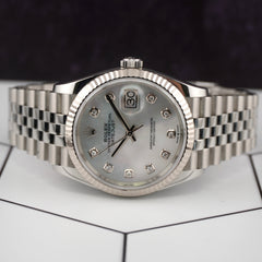 Rolex Datejust 36mm 18k WG Steel Fluted Jubilee White Diamond Dial Watch 126234