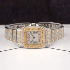 Cartier Ladies Santos Galbee Steel Watch 24mm Custom Iced 4ct Diamond 1567