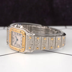 Cartier Ladies Santos Galbee Steel Watch 24mm Custom Iced 4ct Diamond 1567