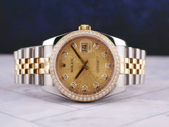 Rolex 36mm Datejust 18k Yellow Gold Steel Diamond Dial Men's Watch 116243