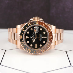 Rolex GMT Master II Black Brown Root Beer 18k Rose Gold Mens Watch 126715CHNR