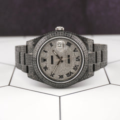 Rolex Men's Datejust 41mm Black Iced Out 11ct Diamonds Roman Watch 116300 Papers