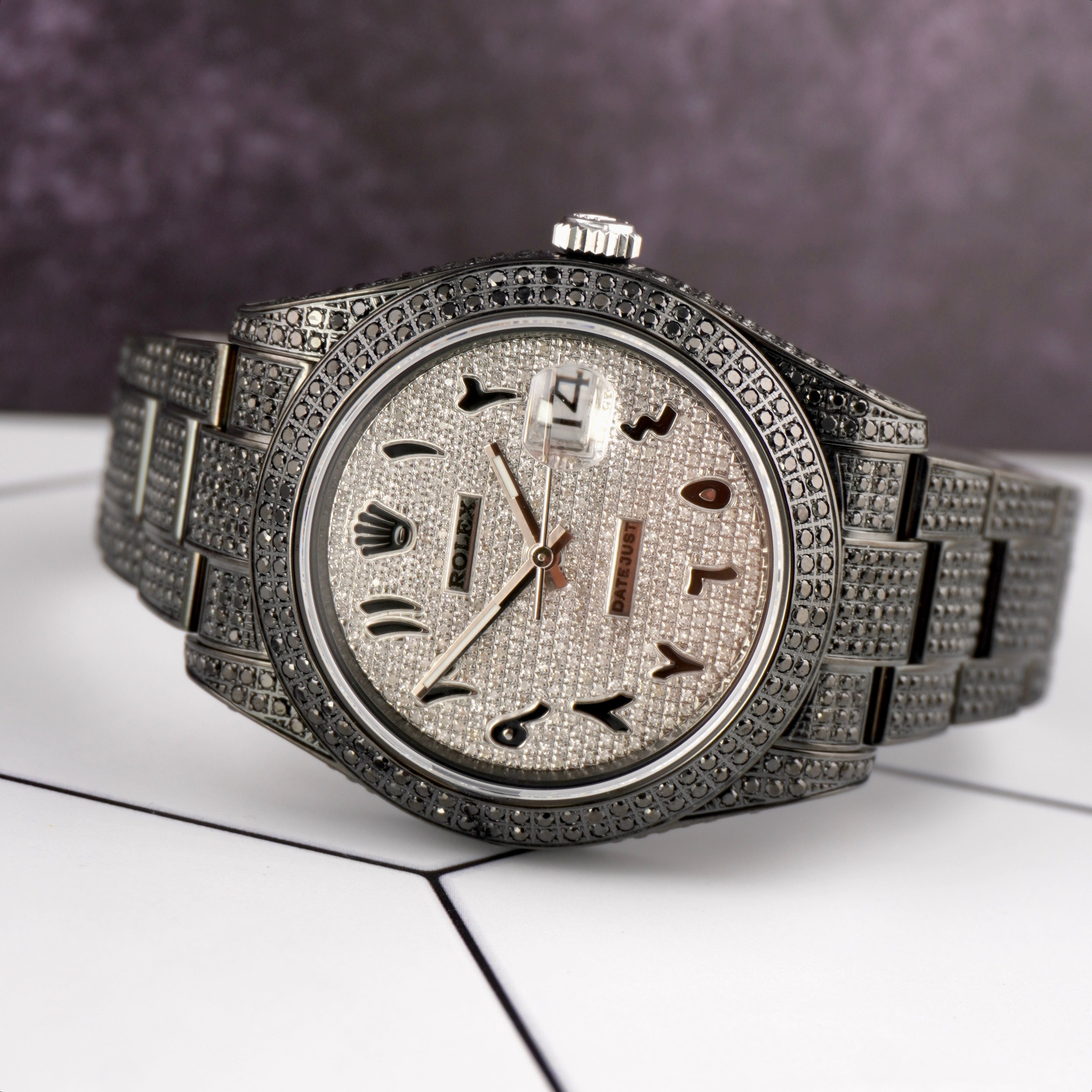 Rolex Men's Datejust 41mm Black Iced Out 11ct Diamonds Arabic Dial