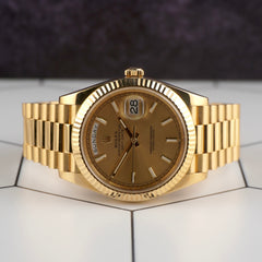 Rolex Day-Date 40mm Champagne Index Dial Fluted Yellow Gold Men's Watch 228238