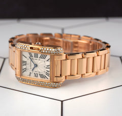 Cartier Tank Anglaise 30mm 18k Rose Gold Silver Dial Diamond Ladies Watch 3580