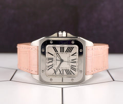 Cartier Santos 100 33mm Silver Roman Dial Pink Leather Band Steel Watch Ref 2878
