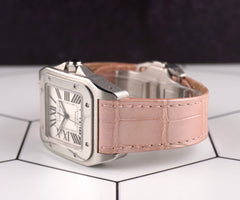 Cartier Santos 100 33mm Silver Roman Dial Pink Leather Band Steel Watch Ref 2878